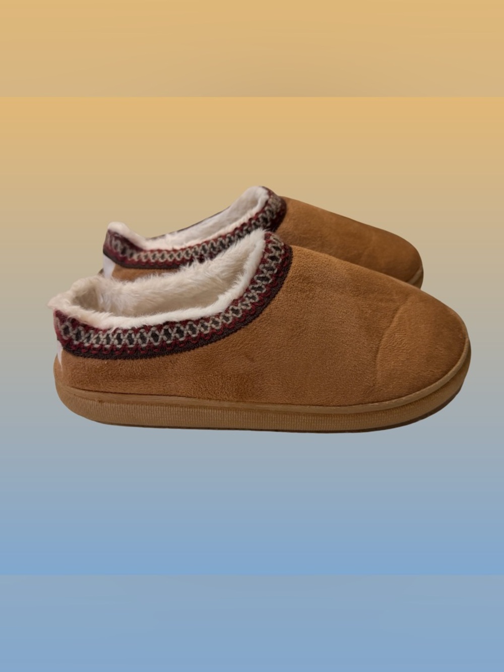 Kooba Faux Suede Slipper Women’s M 6.5-7.5 Tan Knit Trim Shearling lining - Picture 2 of 7